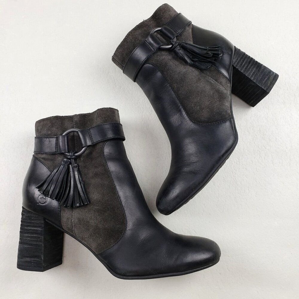 Born Toco Heeled Ankle Boot Womens 9 Black Gray Leather Side Zip Tassel Moto